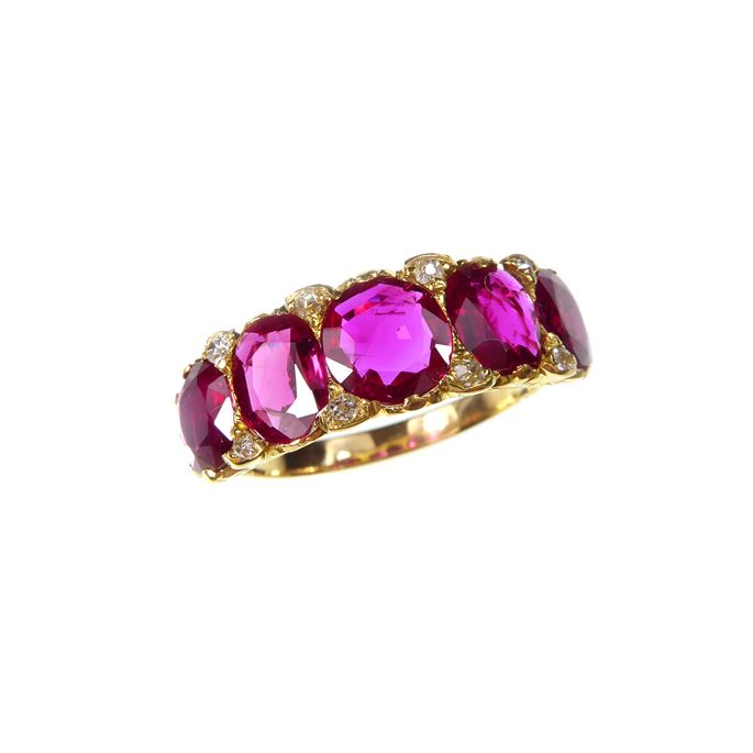 Antique five stone ruby ring, the graduated Burma rubies of cushion and rounded facetted cut | MasterArt